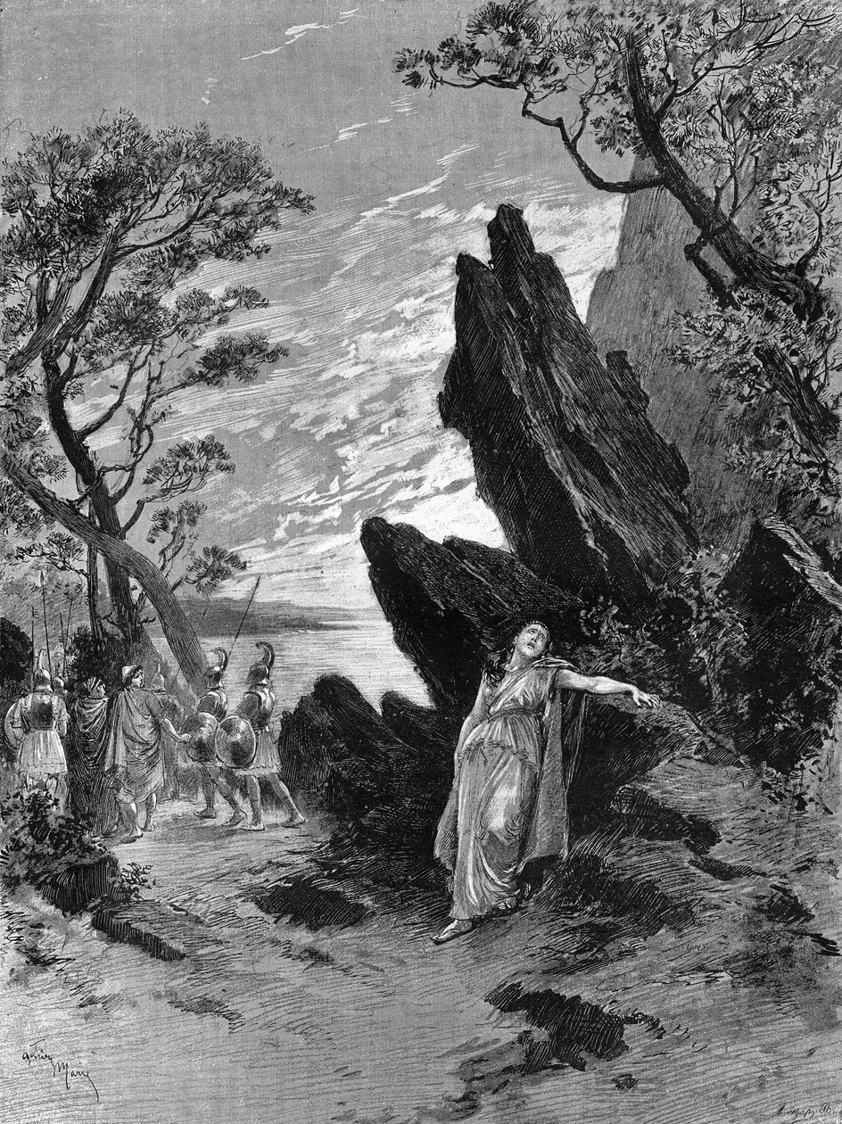 Oper „Sapho“ von Emile Augier (1820-1889) und Charles Gounod (1818-1893) mit Sängerin Krauss im letzten Akt. Gravur in „Le Monde Illustré“. von Unknown artist