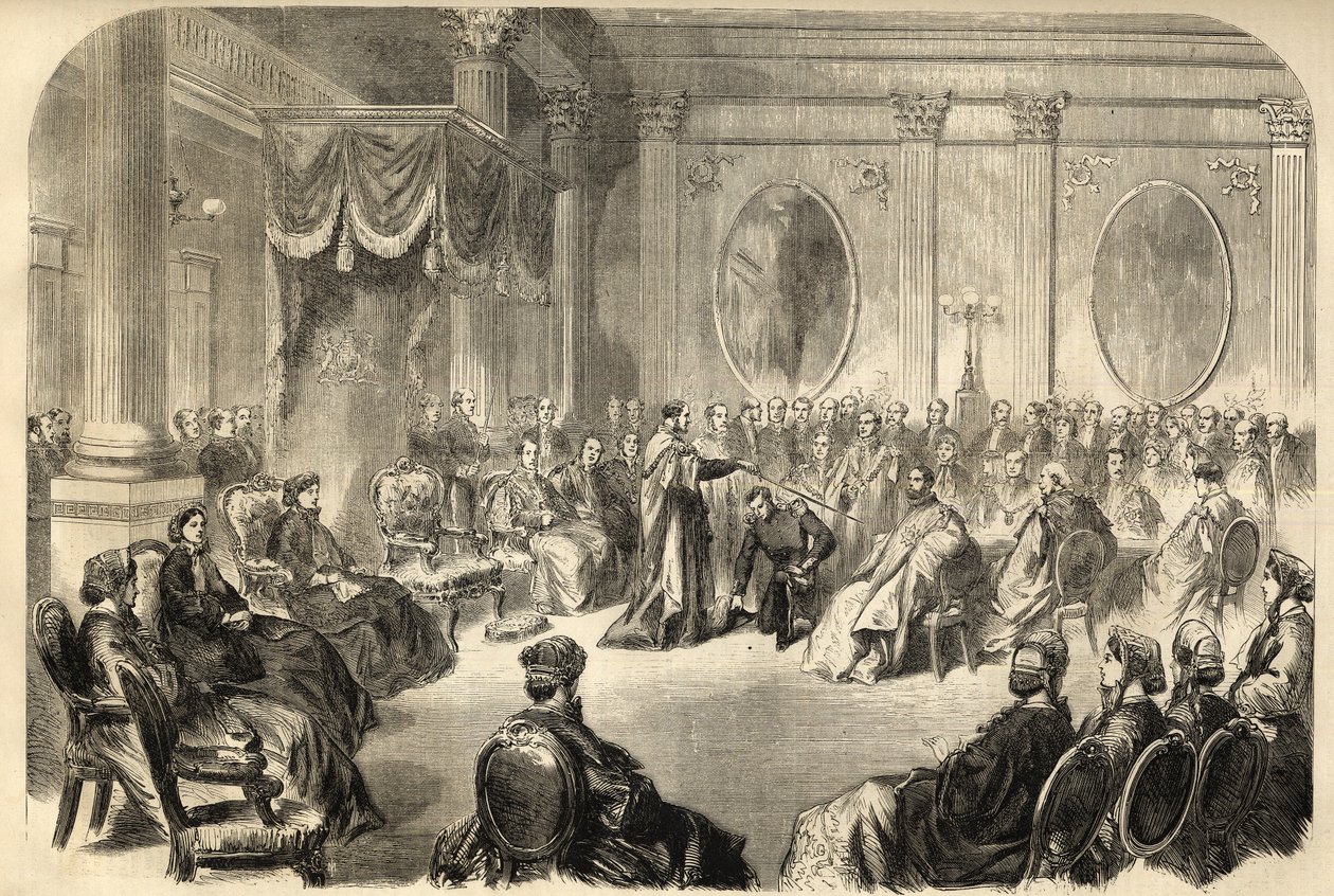 Orden des Heiligen Patrick - Der Allerleuchtendste Orden des Heiligen Patrick - Die Investitur eines Ritters im Orden des Heiligen Patrick in Dublin, Irland im 19. Jahrhundert - Gravur 1866 von Unknown artist