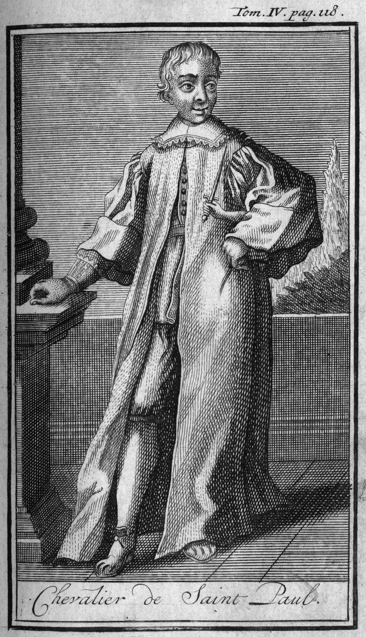 Ritterorden. Ritter des Heiligen Paulus. In „History of military orders or knights, of the secure and routine militias of both sexes, which have been established so far. Edition taken from Abbe Giustiniani, R.P.Bonani, M. Herman, Schoonebeek, R.P.Heliot.A von Unknown artist