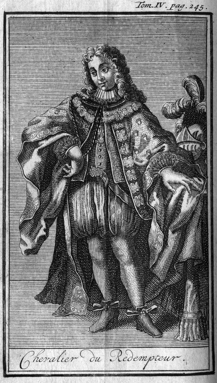 Ritterorden. Ritter des Erlösers oder des kostbaren Blutes Jesu im Herzogtum Mantua (Mantova) im 17. Jahrhundert. In „History of military orders or knights, of the secure and routine militias of both sexes, which have been established so far von Unknown artist