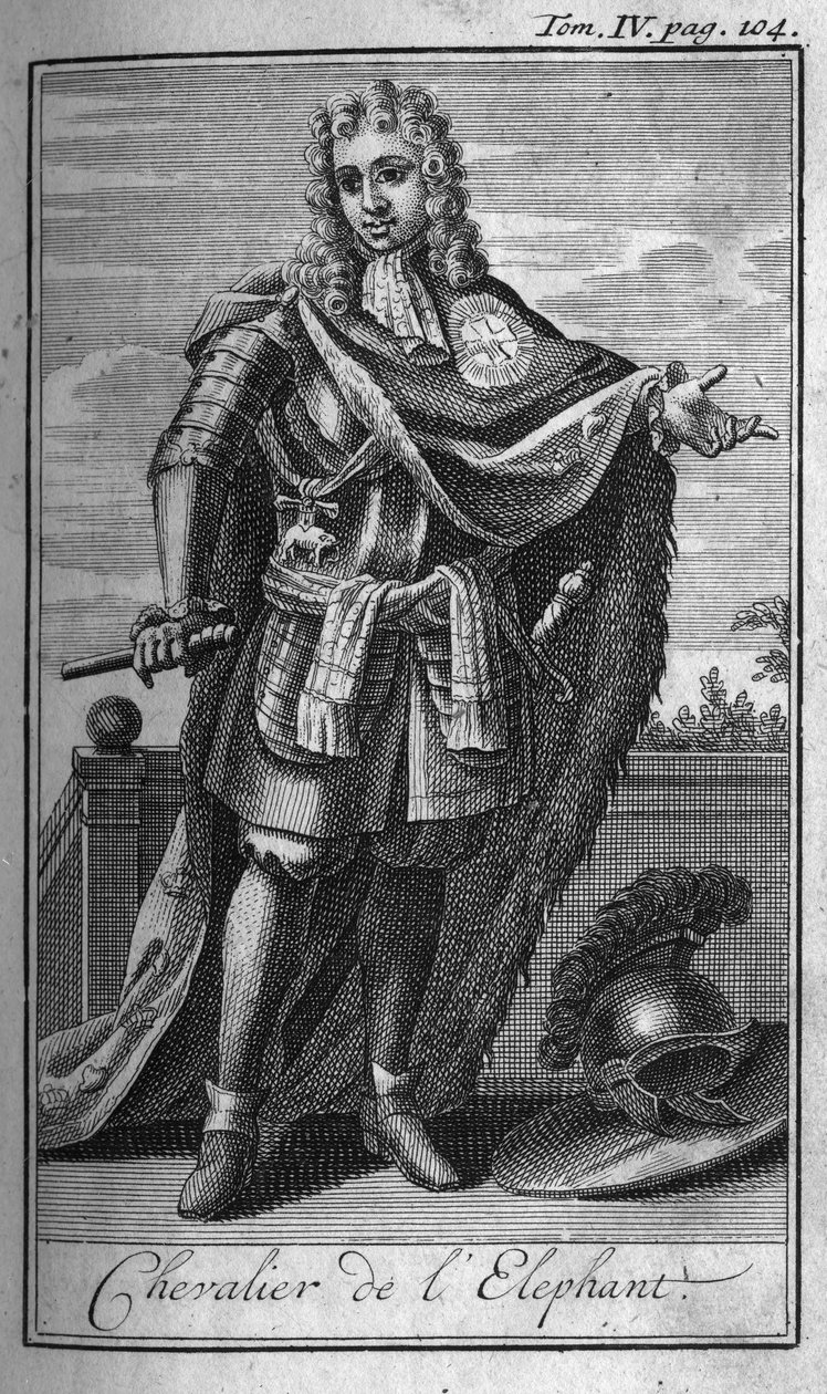 Ritterorden. Ritter des Elefanten in Dänemark im 15. Jahrhundert. In „Geschichte der militärischen Orden oder Ritter, der sicheren und routinemäßigen Milizen beider Geschlechter, die bisher gegründet wurden“. Ausgabe von Abbe Giustiniani, R.P.Bonani, M. He von Unknown artist