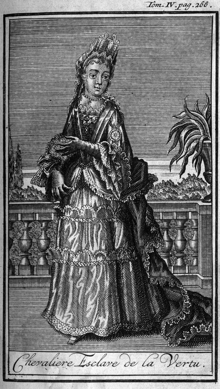 Ritterorden. Chevaliere Escalave der Tugend in Österreich im 17. Jahrhundert. In „History of military orders or knights, of the secure and routine militias of both sexes, which have been established so far. Edition taken from Abbe Giustiniani, R.P.Bona von Unknown artist