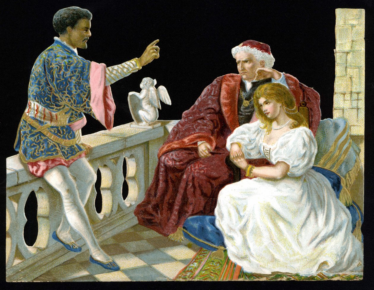 Othello, Desdemona und Iago - in „Othello oder der Mohr von Venedig“ von Shakespeare (1604). Chromolithographie des 19. Jahrhunderts. von Unknown artist