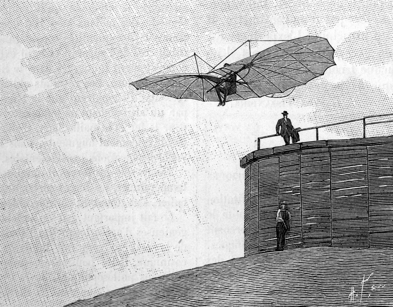 Otto Lilienthal (1848-1896), deutscher Luftfahrtpionier, springt von seinem Holzturm mit seinem Flugzeug (von einem Sofortfoto). Gravur in „La Nature: revue des sciences et de leurs applications aux arts et a l