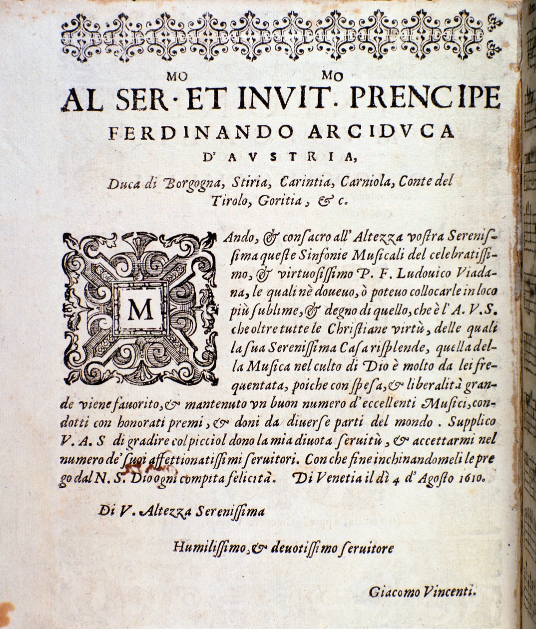 Widmungsseite an Ferdinand von Österreich in der Partitur von Sinfonie musicali von Ludovico Viadana von Unknown artist