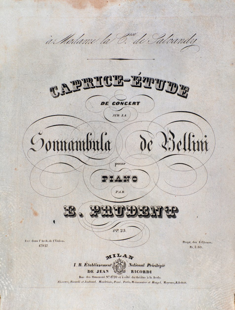 Seite der Noten für ein Caprice-Studie für Klavier von Emile Prudent basierend auf La sonnambula von Vincenzo Bellini von Unknown artist