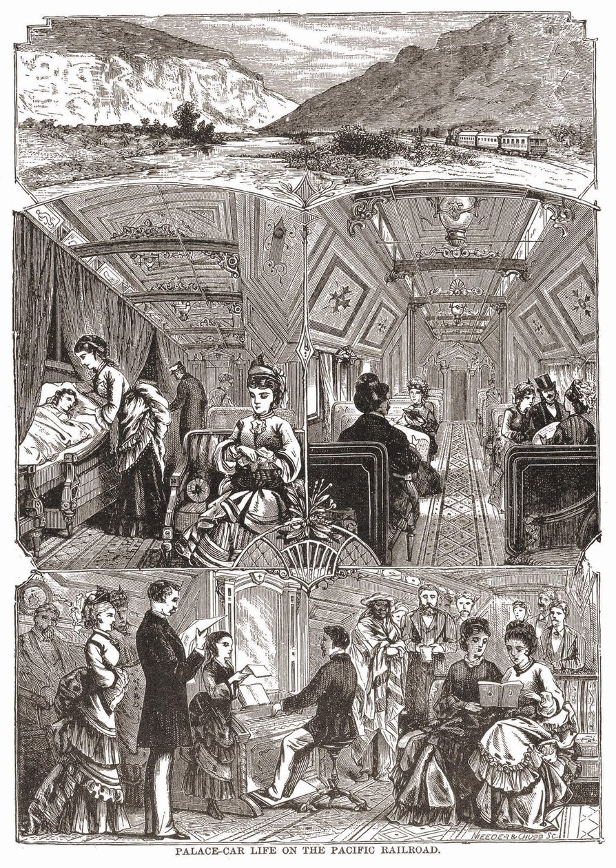 Leben im Schlafwagen auf der Pazifik-Eisenbahn, Gravur aus dem 19. Jahrhundert von Unknown artist