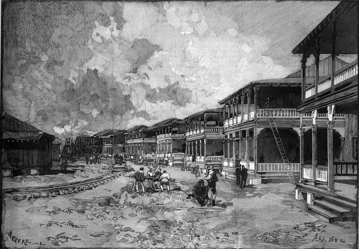 Panamakanal. Straße der neuen Stadt Christoph Kolumbus in Colon: Arbeiterwohnungen. Gravur in „Le Monde Illustré“. von Unknown artist