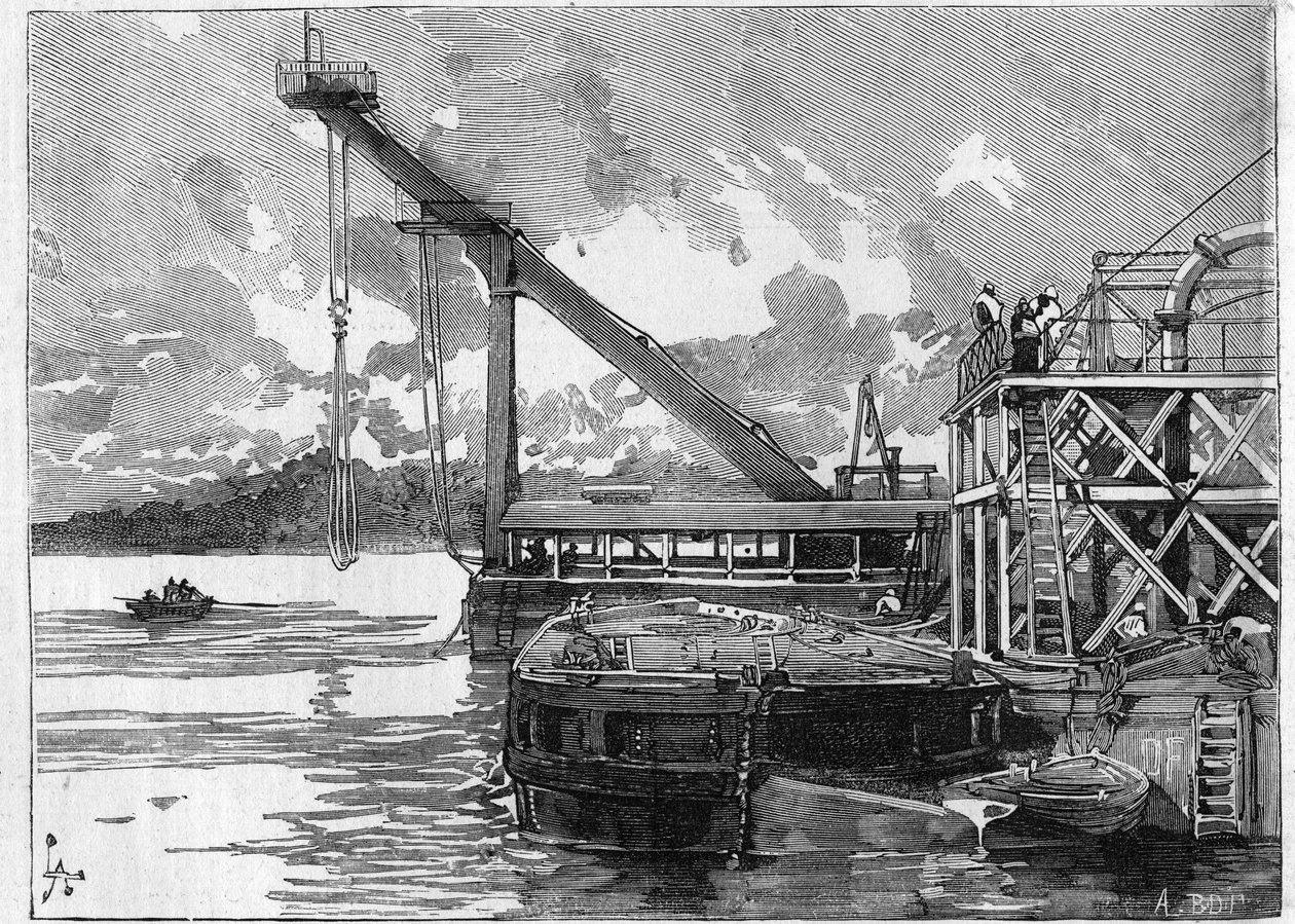 Arbeiten am Panamakanal. Hauptmaschinen: der Bigue-Ponton. Gravur in „Le Monde Illustré“ von Unknown artist
