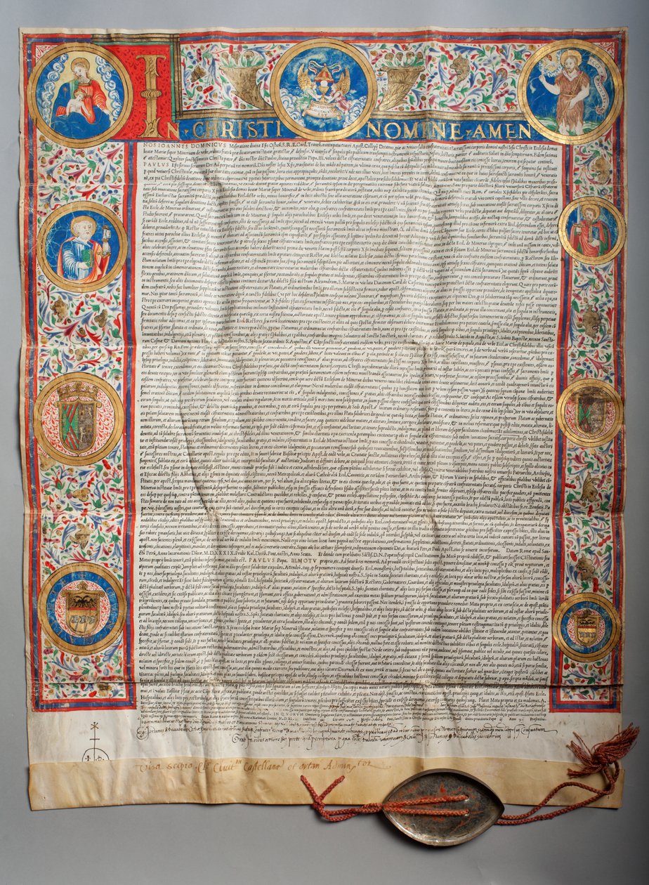 Päpstliche Bulle. Papst Paul III, Eucharistisch. Pergament. Miniaturmalerei. 1535 von Unknown artist