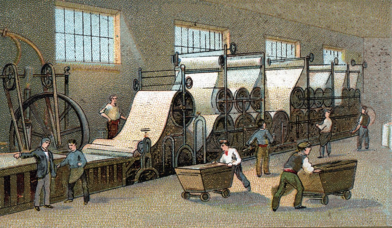 Papierproduktion im 19. Jahrhundert in Frankreich. Chromolithografie des späten 19. Jahrhunderts von Unknown artist