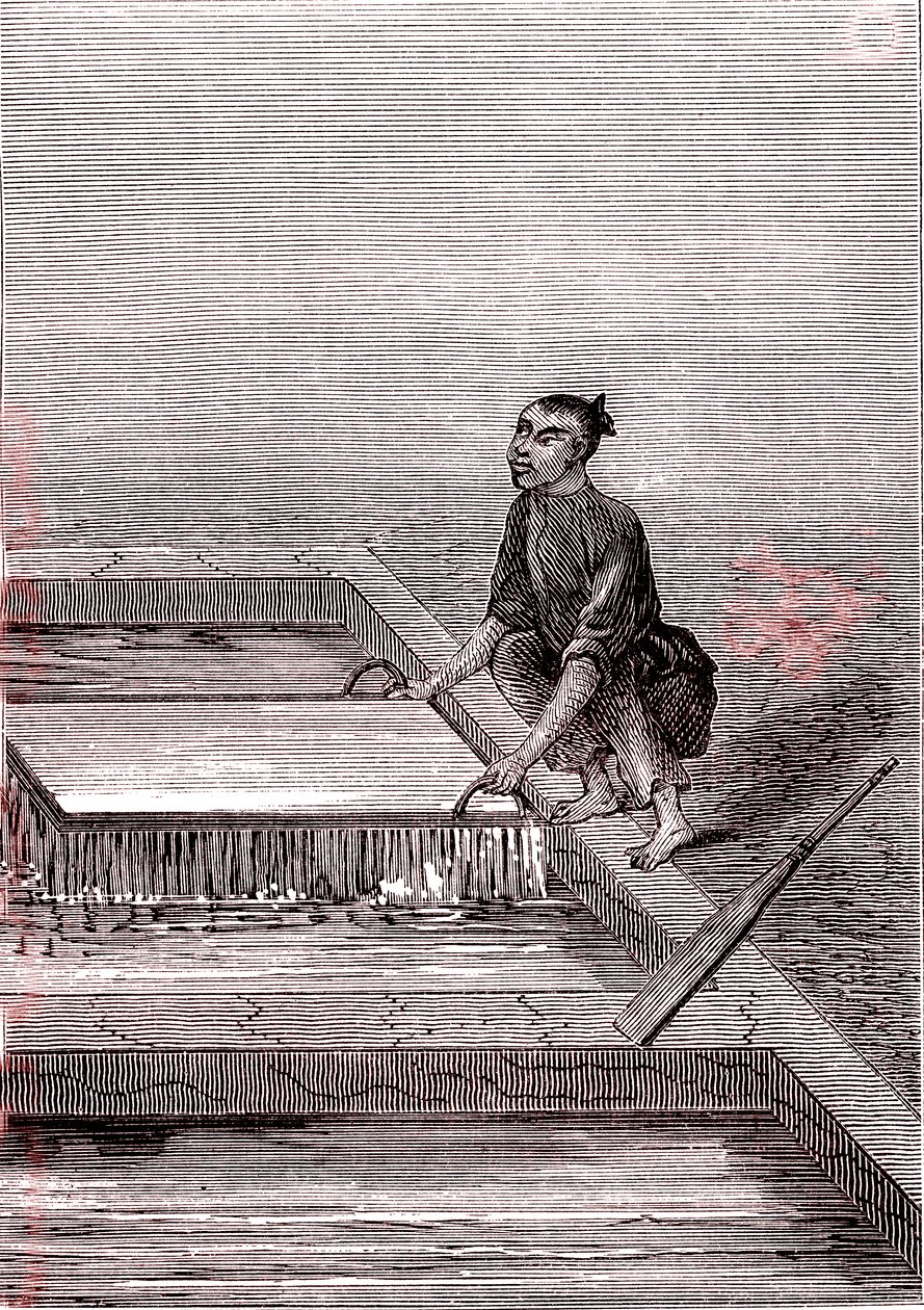 Papierbrei wird flüssig, Papierherstellung in China (3. Jahrhundert v. Chr.) (Gravur) von Unknown Artist