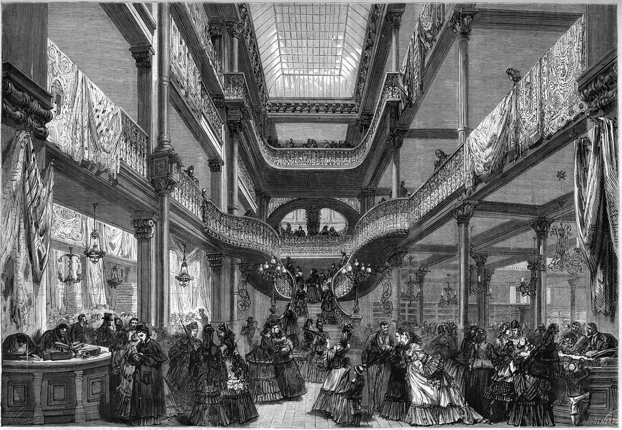Paris 1872: Innenansicht neuer Geschäfte, „Bei billig“. von Unknown artist