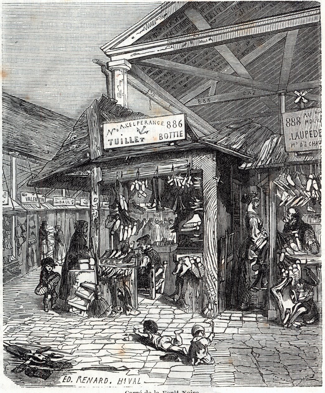 Paris 3. Arrondissement - Carre de la Foret-Noire: Verkauf von Leder und Schuhen im Le Carreau du Temple im 19. Jahrhundert - Gravur in „Tableau-de-Paris“ von Edmond Texier von Unknown artist