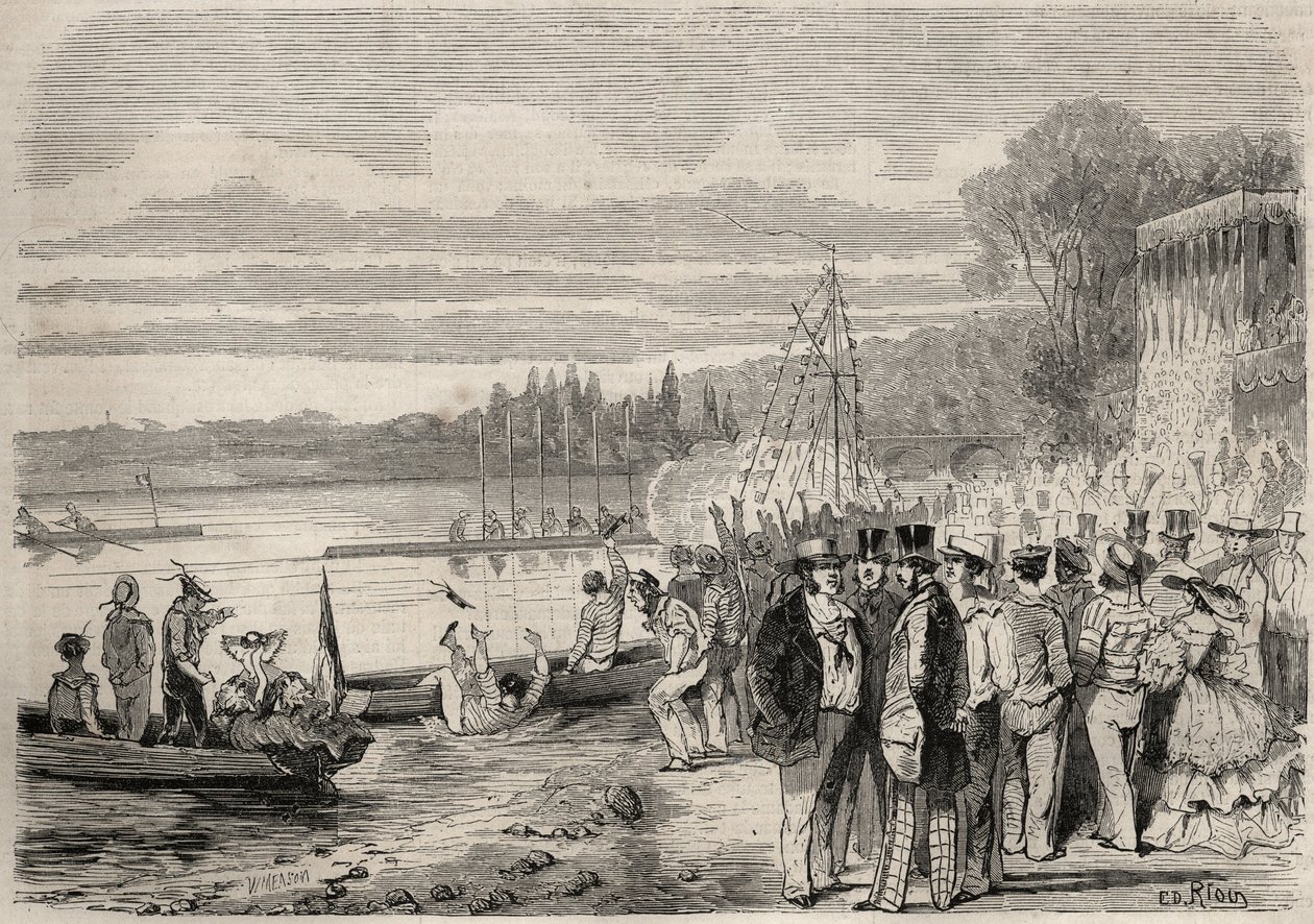 Pariser Kanuten. Regatten von Saint-Cloud im Jahr 1857. Gravur in „Le Monde illustre“ von 1857. Private Sammlung von Unknown artist