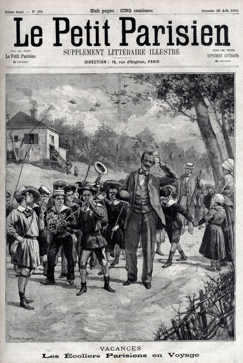 Pariser Schulferien auf einem Ausflug aufs Land. Gravur in „Le Parisien“ von Unknown artist