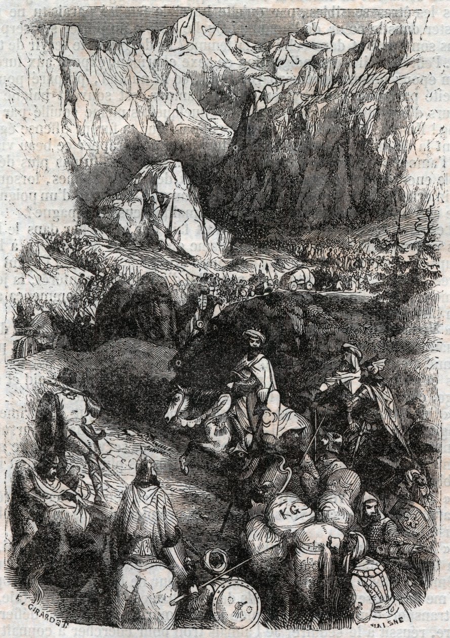 Übergang der Pyrenäen durch die Mauren - Gravur von 1851 aus „Roland der Rasende“ (Orlando furioso) (16. Jahrhundert) von Ludovico Ariosto, bekannt als der Ariosta - Ausgabe, übersetzt aus dem Italienischen von Graf von Tressan und veröffentlicht von Gusta von Unknown artist