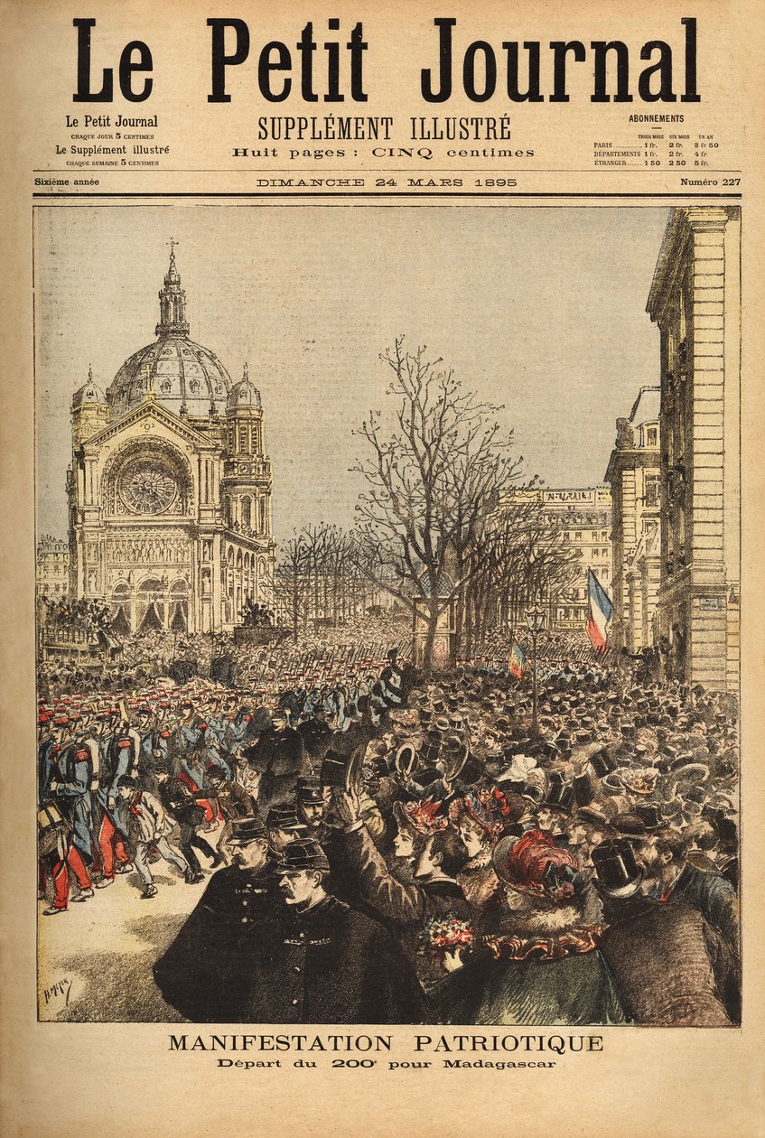 Patriotische Demonstration in Paris, für den Aufbruch des 200. Regiments nach Madagaskar. Gravur in „Le petit journal“ 24/03/1895. Selva Sammlung. von Unknown artist