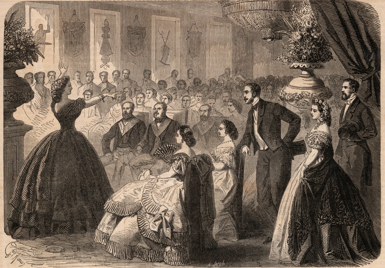 Pauline Viardot-Garcia (1821-1910), französische Sängerin beim Wohltätigkeitsfest der Freimaurerloge „La perseverante friendship“ im Grand Orient von Paris. Gravur in „Le Monde illustré“ von 1862. Private Sammlung. von Unknown artist