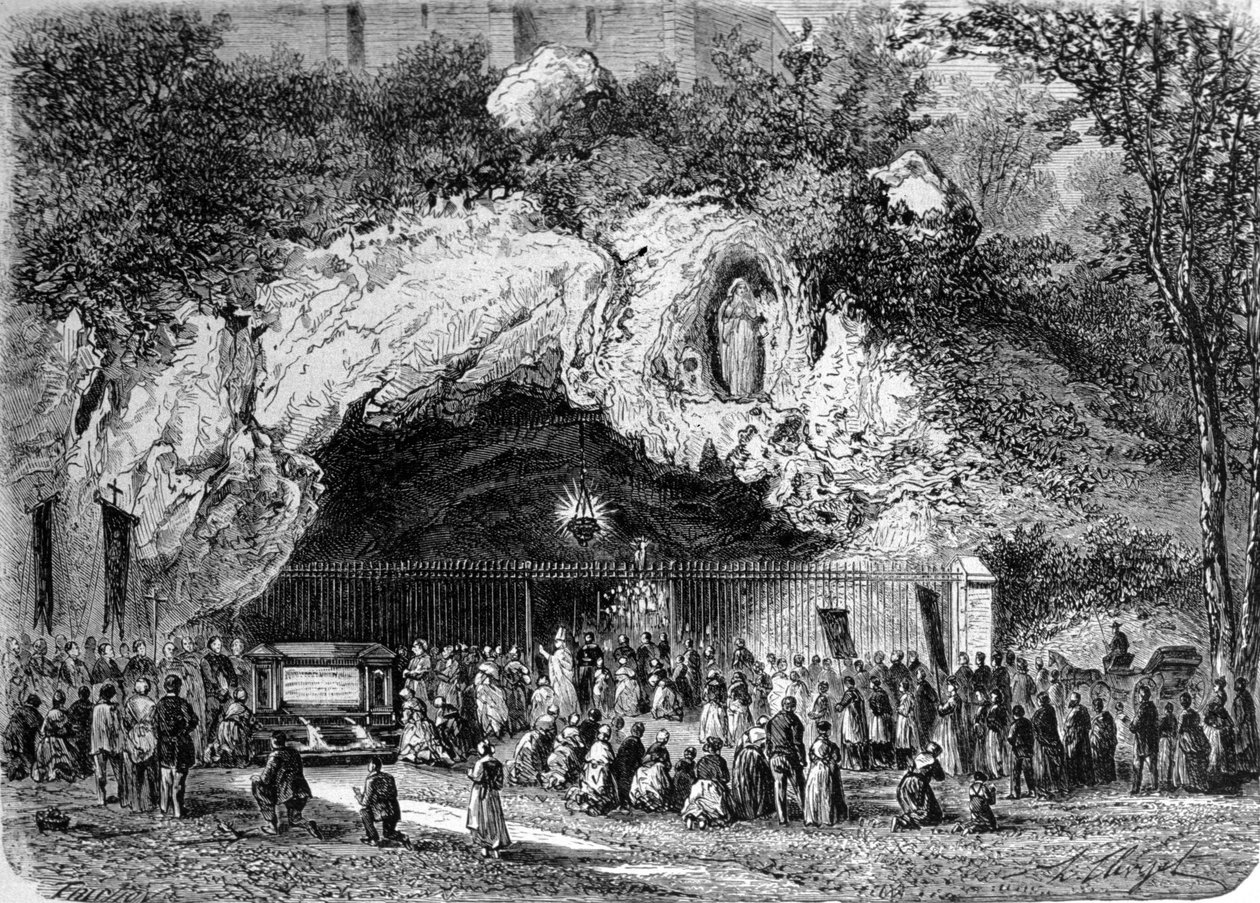 Pilger vor der wundersamen Höhle von Lourdes in den Hohen Pyrenäen, wo die Jungfrau Maria 1858 Bernadette Soubirous (1844-1879) erschien, heutiger Wallfahrtsort. Gravur des 19. Jahrhunderts von Unknown artist