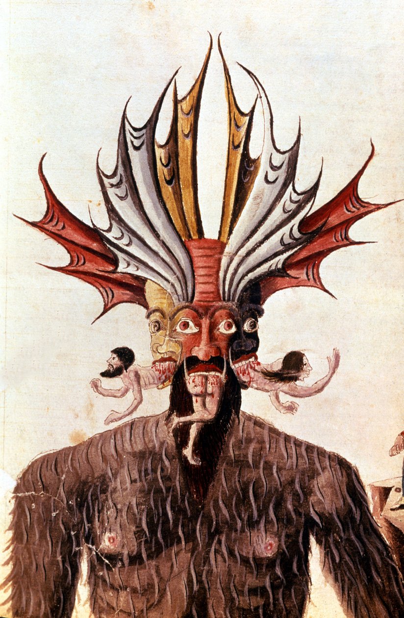 Darstellung von Luzifer (Teufel) in Dantes „Divina Commedia“. Manuskript aus dem 14. Jahrhundert. Biblioteca Trivulziana, Mailand. von Unknown artist