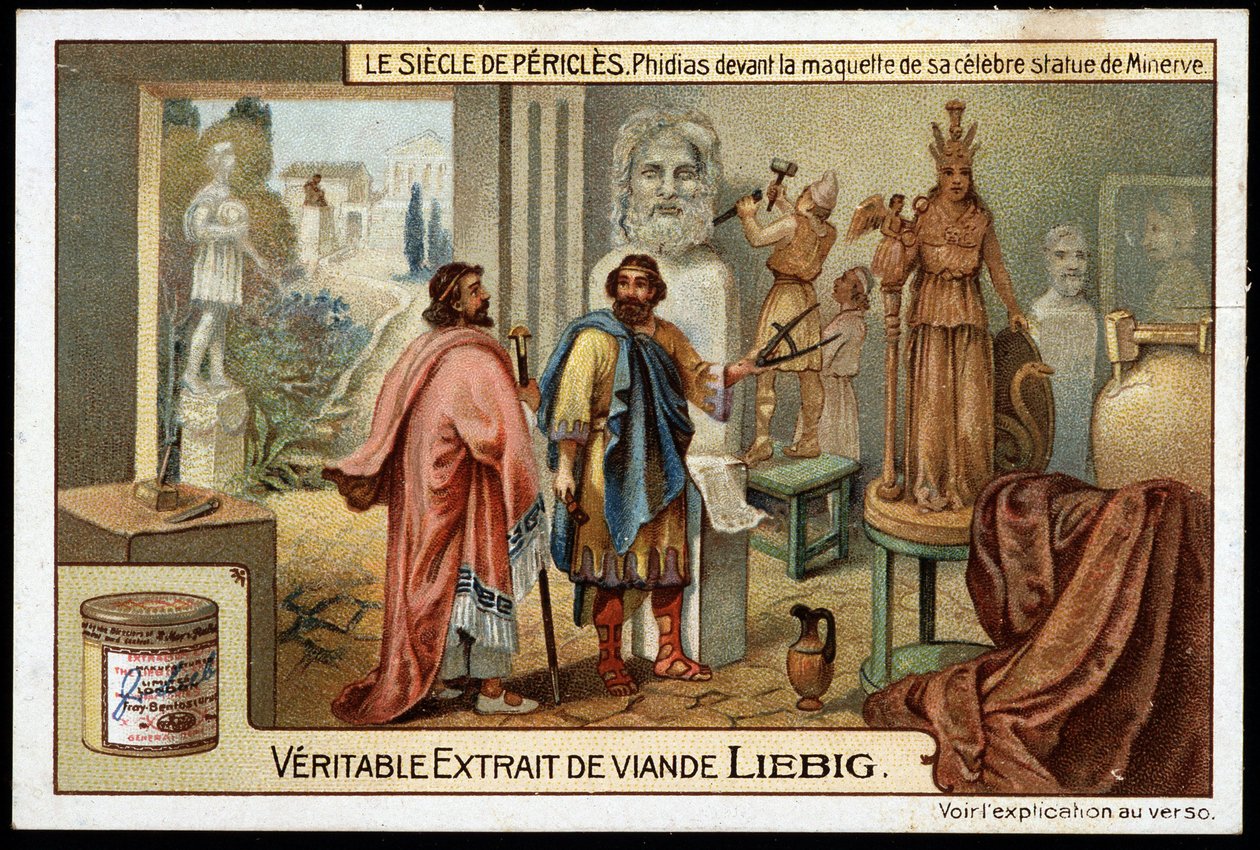 Perikles-Zeit (495-429 v. Chr.): der Bildhauer Phidias (490-430 v. Chr.) vor dem Modell seiner berühmten Minerva-Statue - Liebig Chromolithographie von Unknown artist