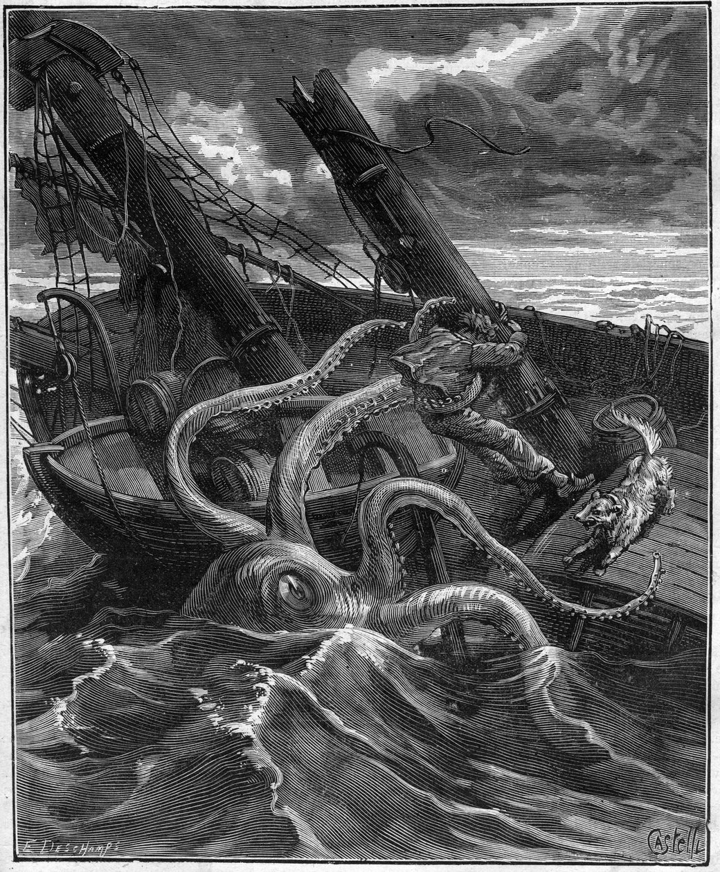 Gefährliche Abenteuer von Narcissus Nicaise im Kongo - von Armand Dubarry (1836-1910) - er hatte vor sich ein gewaltiges Meeresmonster (Riesenkrake) - Gravur im Journal des voyage von 1881 von Unknown artist