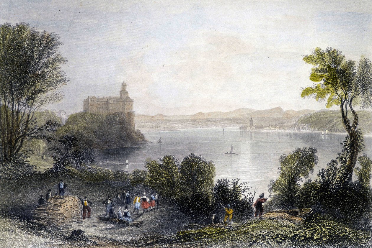 Schloss Persenberg in Deutschland. Im Vordergrund die Holzarbeiter bei der Arbeit. Gravur des 19. Jahrhunderts von Unknown artist