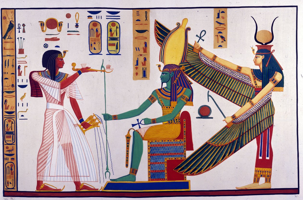 Pharao Ramses IV. macht Opfergaben an Ptah-Sokari-Osiris. Hinter Osiris steht Isis (Grab von Bibah-el-Moluk) von Unknown artist