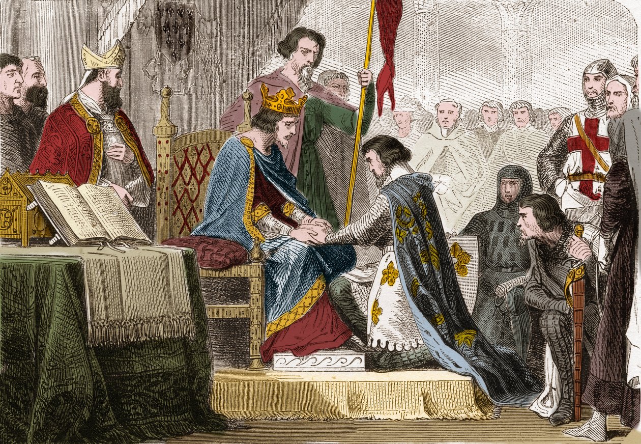 Philipp IV. der Schöne (1268 - 1314), König von Frankreich, gab seine Tochter Isabelle von Frankreich (1295-1358) 1308 zur Heirat an den Sohn von König Eduard II. von England (1284-1327). Stich in „Histoire De France En Cent Tableaux“ von Paul Lehugeur 189 von Unknown artist