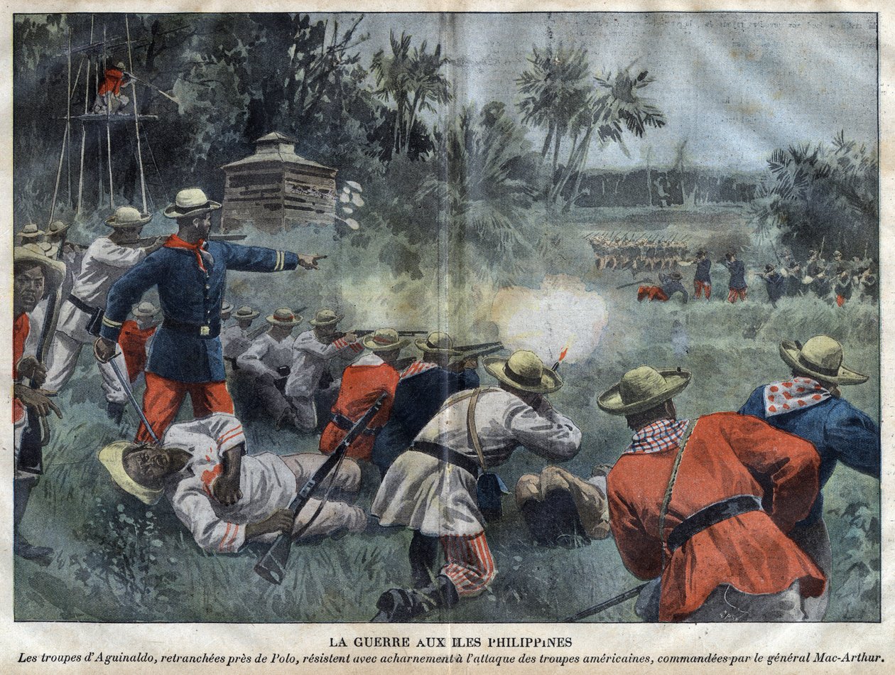 Philippinisch-Amerikanischer Krieg - Truppen von Emilio Aguinaldo, abgeschnitten in der Nähe von Polo, widerstehen heftig dem Angriff amerikanischer Truppen unter dem Kommando von General Mac-Arthur - Gravur in „Le-Pelerin“ von 1899 von Unknown artist