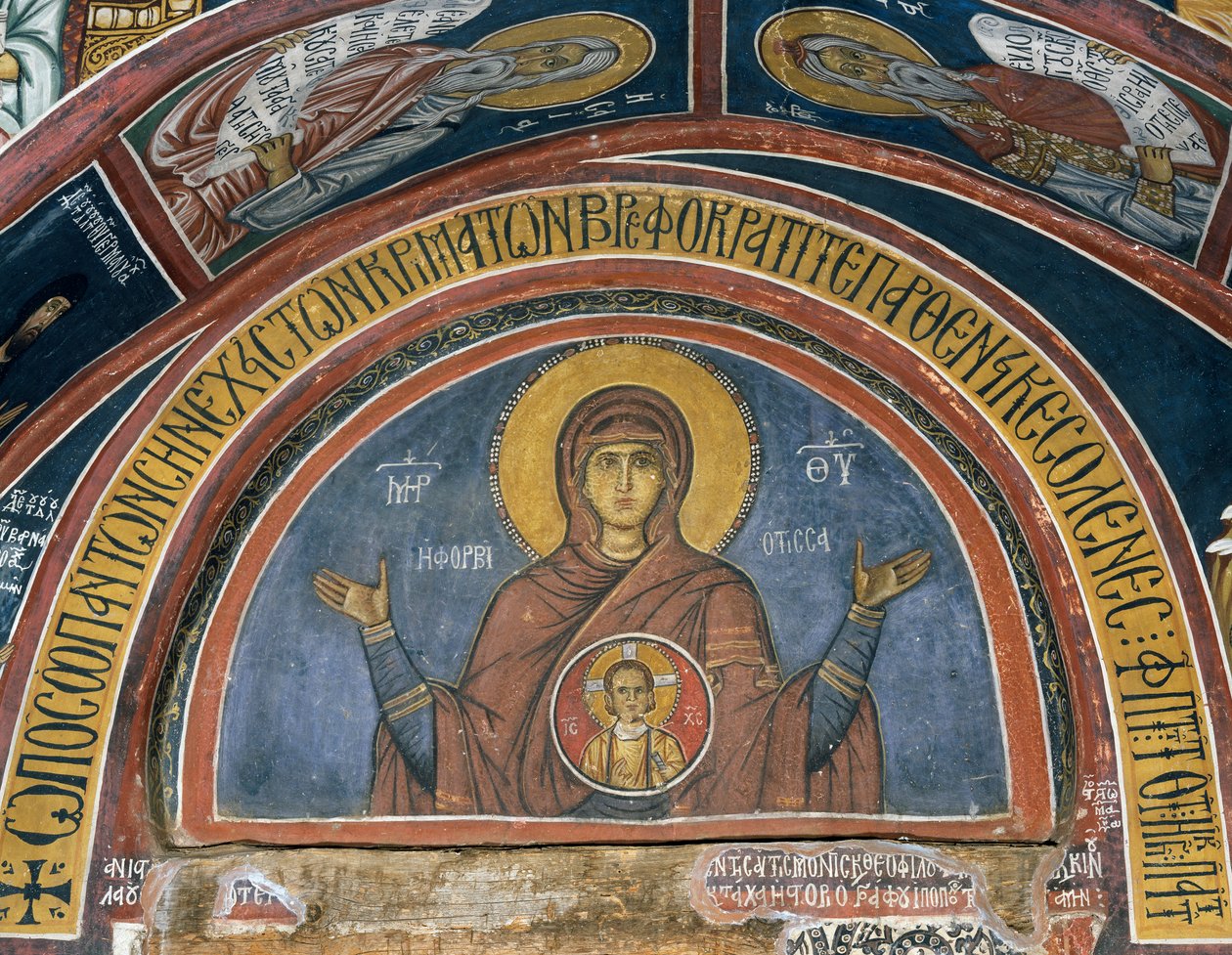 Phorbiotissa Panagia, Unsere Liebe Frau von Christus im Medaillon, Fresko, byzantinische Kirche Unserer Lieben Frau von Asinou, Troodos-Gebirge, Zypern von Unknown artist