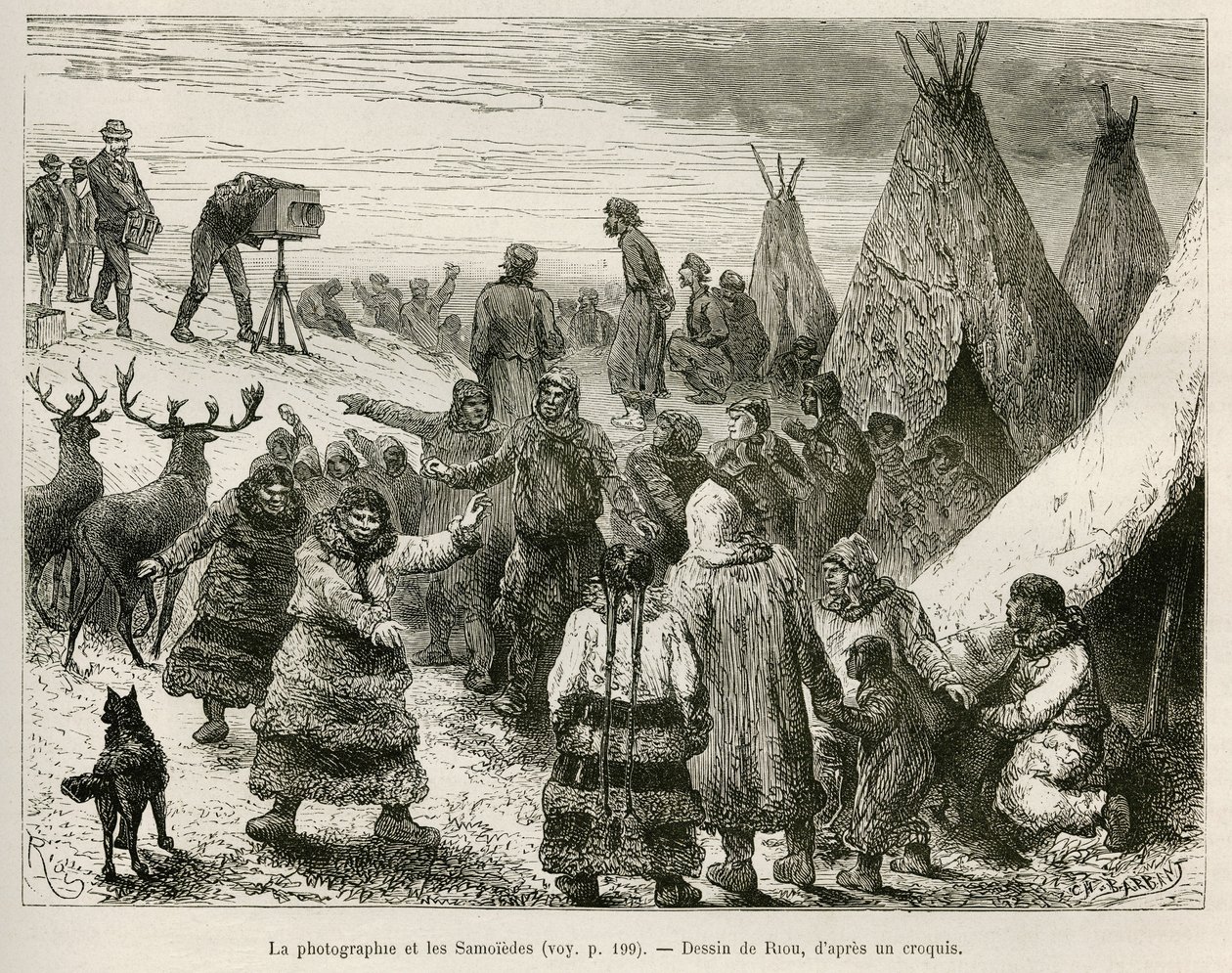Fotografie und Samoieden der Region Caborova (Schweden), Zeichnung von Riou, zur Illustration der Geschichte von Professor Nils Adolf Erik (Eric) Baron Nordenskjöld (Nordenskiöld) (1832-1901): Schwedische Polarexpedition von Unknown artist