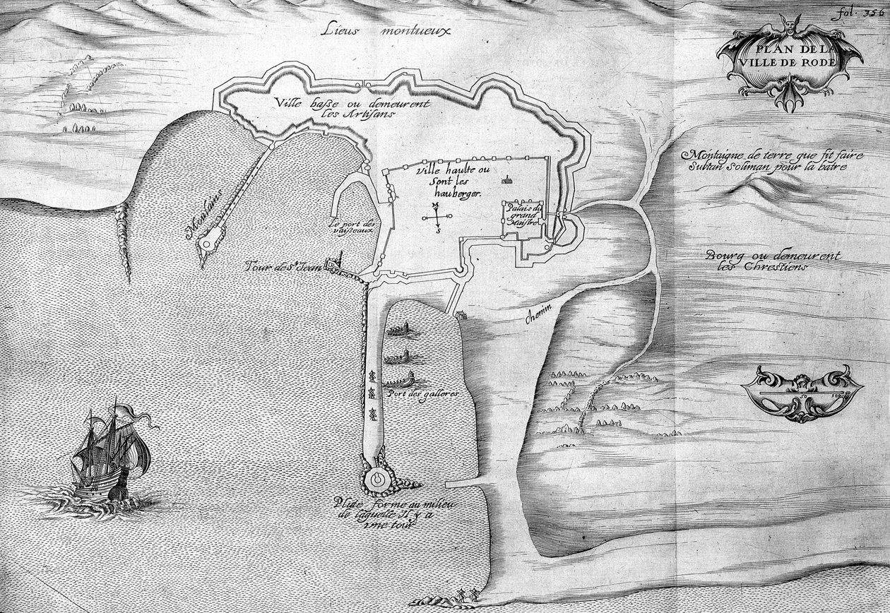 Plan von Rhodos (Rodos) - in „Reise in den Levante im Auftrag des Königs im Jahr 1621“, herausgegeben 1629 (unter der Herrschaft von Ludwig XIII. dem Gerechten) von Unknown artist