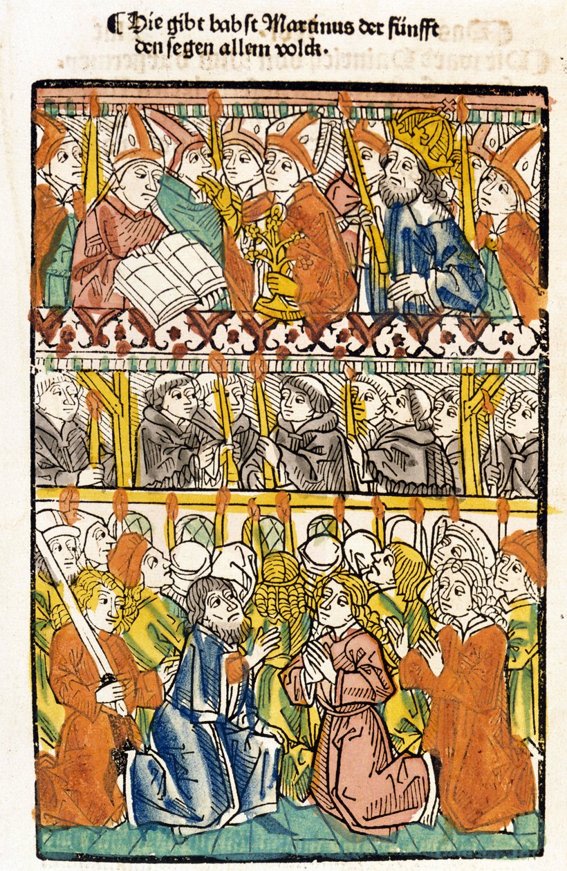 Papst Martin V. (1368 - 1431) gewählt auf dem Konzil von Konstanz (1417), beendet das große abendländische Schisma und erteilt den Segen. „Das concilium“ von Unknown artist