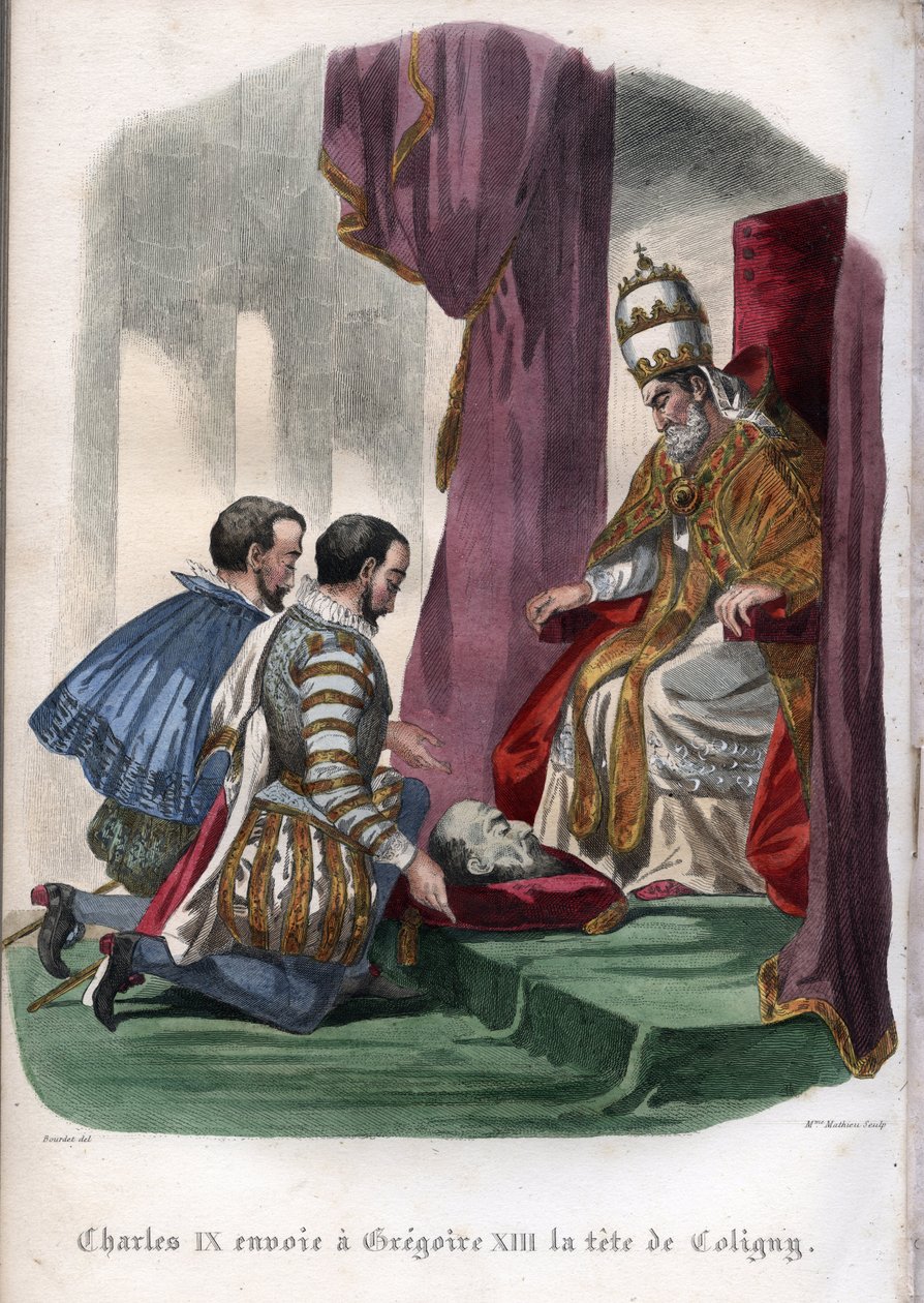 Papst Gregor XIII. (1502-1585) erhält den Kopf von Gaspard de Coligny (1519-1572), der beim Massaker an der Bartholomäusnacht 1572 ermordet wurde, als Geschenk von König Karl IX. von Frankreich (1550-1574) von Unknown artist