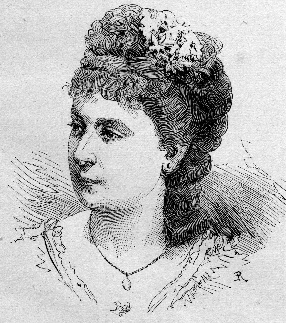 Porträt von Blanche Baretta (geb. 1855), französische Komödiantin, Mitglied der Comédie-Française von 1875 bis 1901. Gravur in „Le Monde Illustré“ Nr. 1168 vom 16. August 1879 von Unknown artist