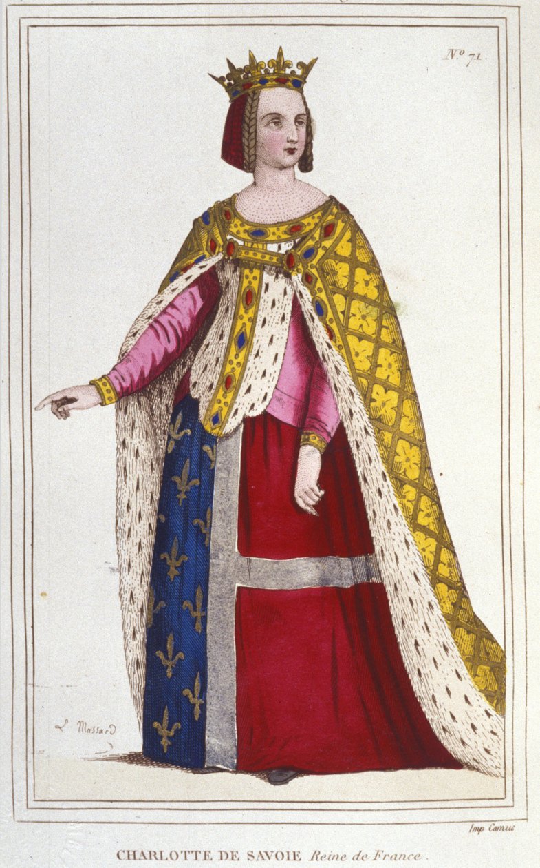 Porträt von Charlotte de Savoy (1445 - 1483), Königin von Frankreich von 1461 bis 1483, Braut von Ludwig XI (der Kluge) im Jahr 1451, Gravur von 1830 von Unknown artist