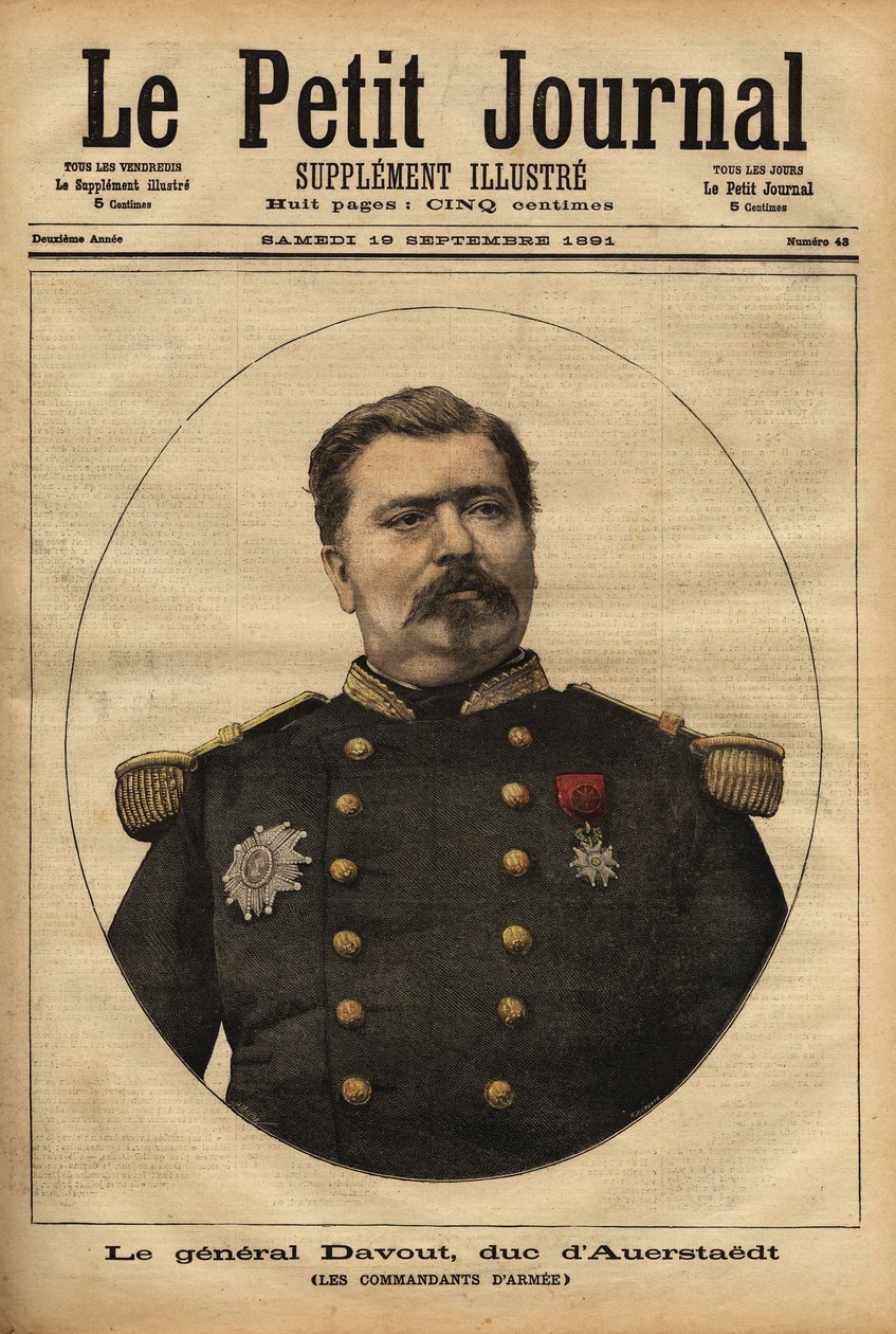 Porträt von General Leopold Davout, Herzog von Auerstaedt (1829-1904), Stabschef der französischen Armee, der an der Katastrophe des Deutsch-Französischen Krieges (1870) von Napoleon III. (1808-1873) teilnahm. Gravur in „Le petit journal“ 17/09/1891. Selva von Unknown artist