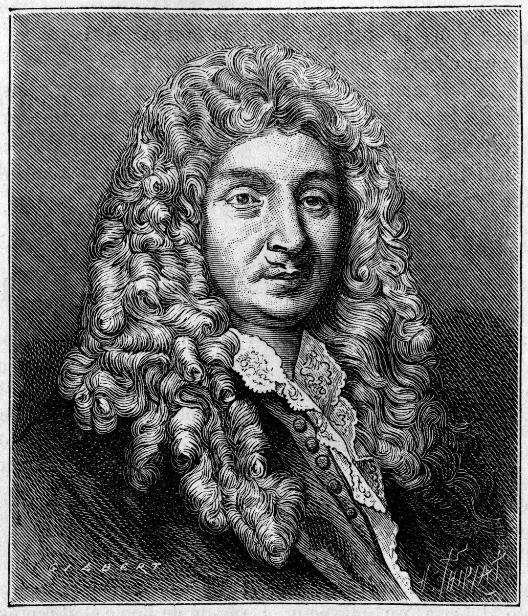 Porträt von Jean Baptiste Lully, französischer Komponist italienischer Herkunft. Aus einer zeitgenössischen Gravur. Gravur in „La Nature: revue des sciences et de leurs applications aux arts et a l