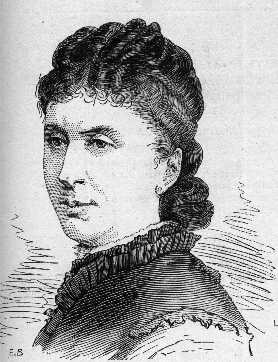 Porträt von Maria Favart (Pierrette Ignace Pingaud, genannt) (1833-1908), französische Schauspielerin, Mitglied der Comédie-Française. Gravur in „Le Monde Illustré“ Nr. 1168 vom 16. August 1879 von Unknown artist