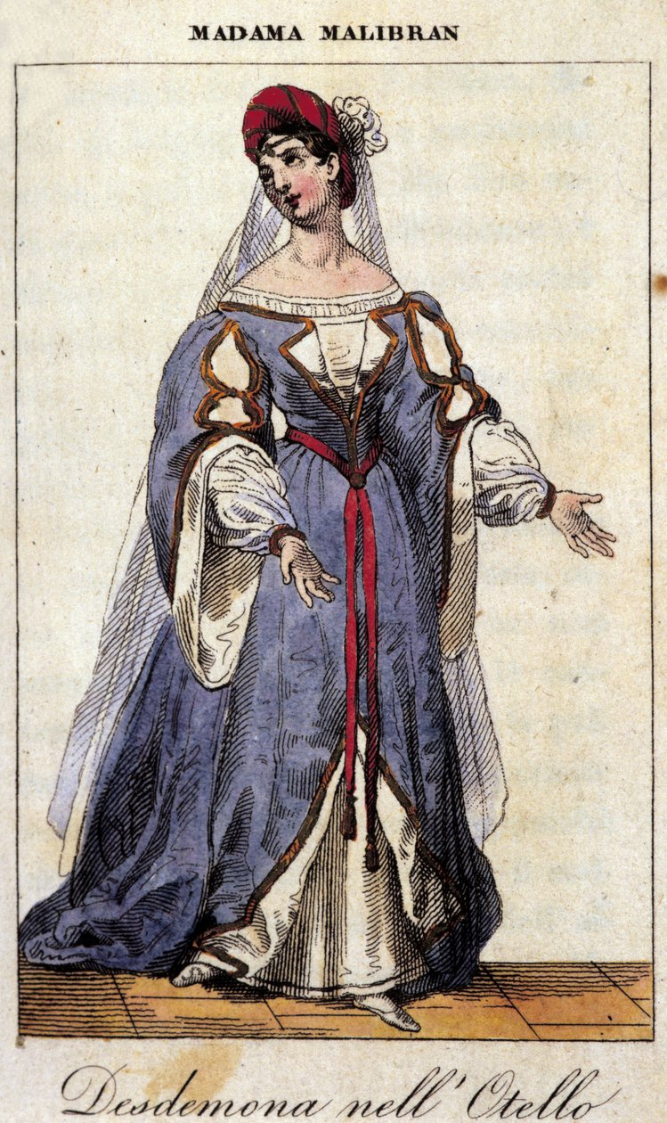 Porträt von Maria Garcia, genannt die Malibran (1808-1836), Sängerin in der Rolle der Desdemona für „Othello“ von Gioachino Rossini. Teatro alla Scala 1833. von Unknown artist