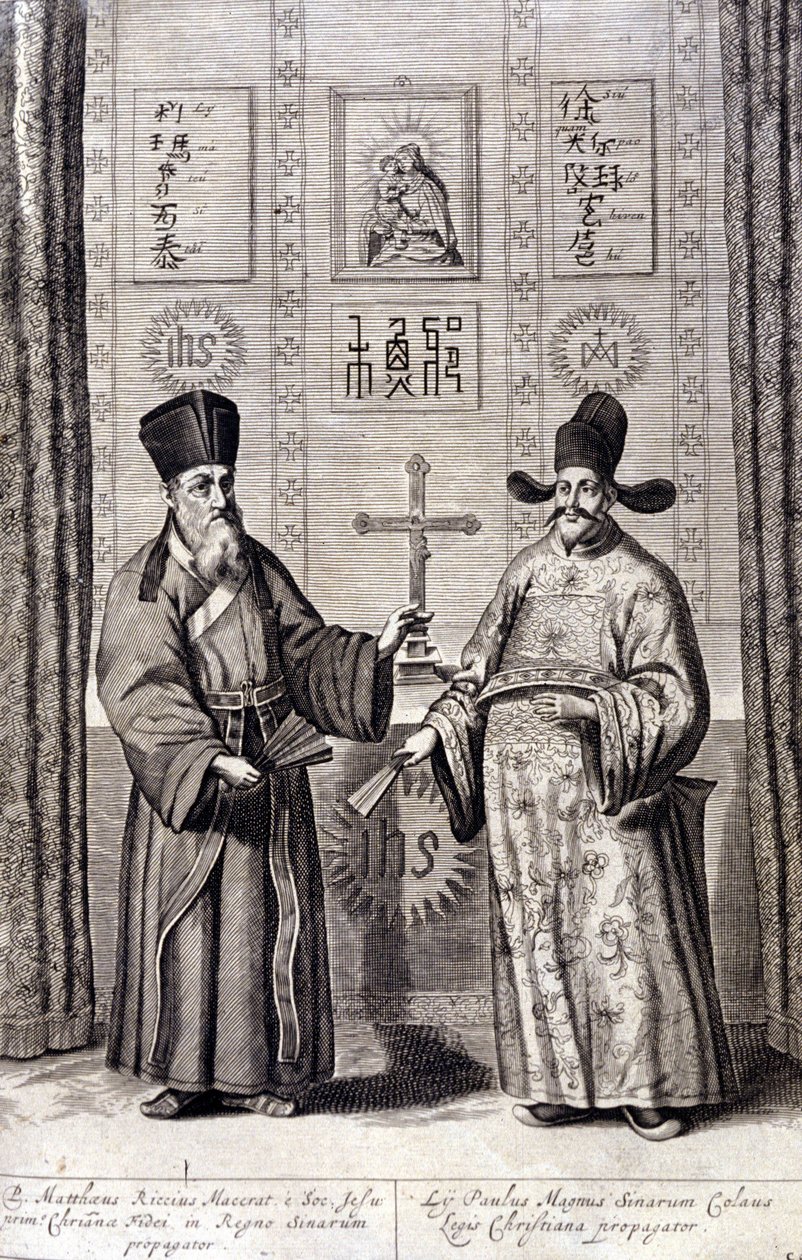 Porträt von Matteo Ricci (links), italienischer Jesuit und Paul Ly, großer Verbreiter des christlichen Glaubens in China, Gravur aus „De China monumenta“ von Athanasius Kircher (1601 - 1680), Jesuit, Orientalist und deutscher Gelehrter, Amsterdam 1667. von Unknown artist