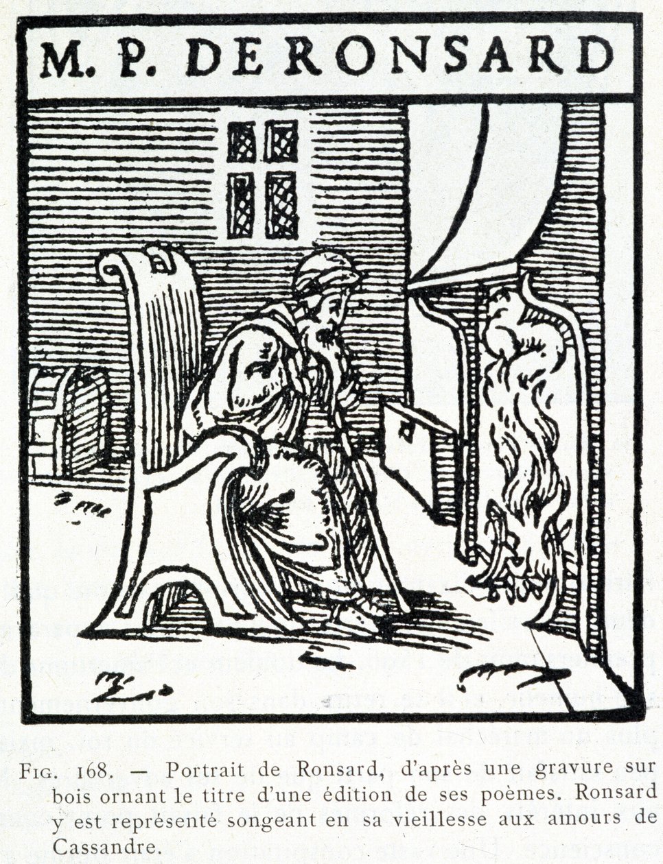 Porträt von Pierre de Ronsard, alt, denkt an die Lieben von Cassandre - Holzstich von Unknown artist