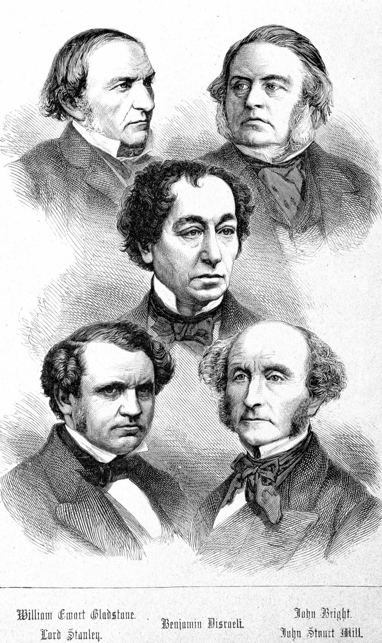Porträt von William Ewart Gladstone, John Bright, Lord Stanley, John Stuart Mill und Benjamin Disraeli - in „Les Contemporains“ von Unknown artist