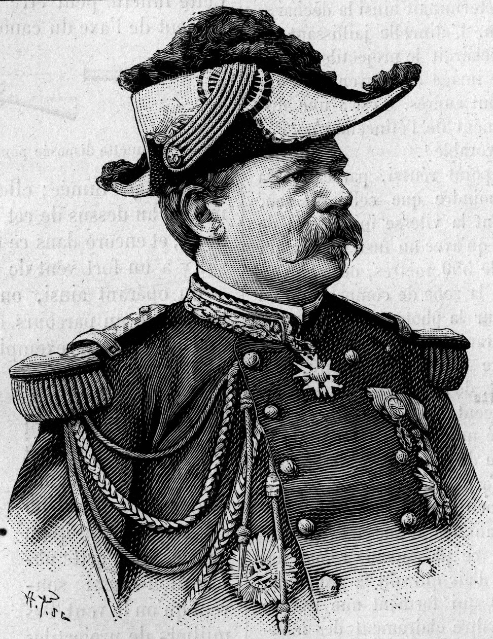 Porträt des französischen Generals François Perrier (1833-1888). Gravur in „La Nature: revue des sciences et de leurs applications aux arts et à l