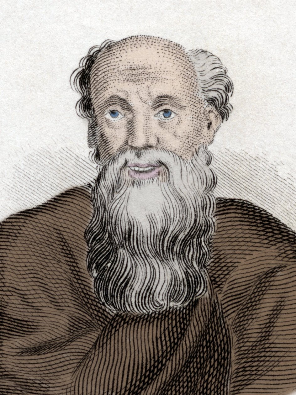 Porträt des griechischen Philosophen Demokrit (460-370 v. Chr.), Demokrit von Abdera. Gravur des 19. Jahrhunderts von Unknown artist