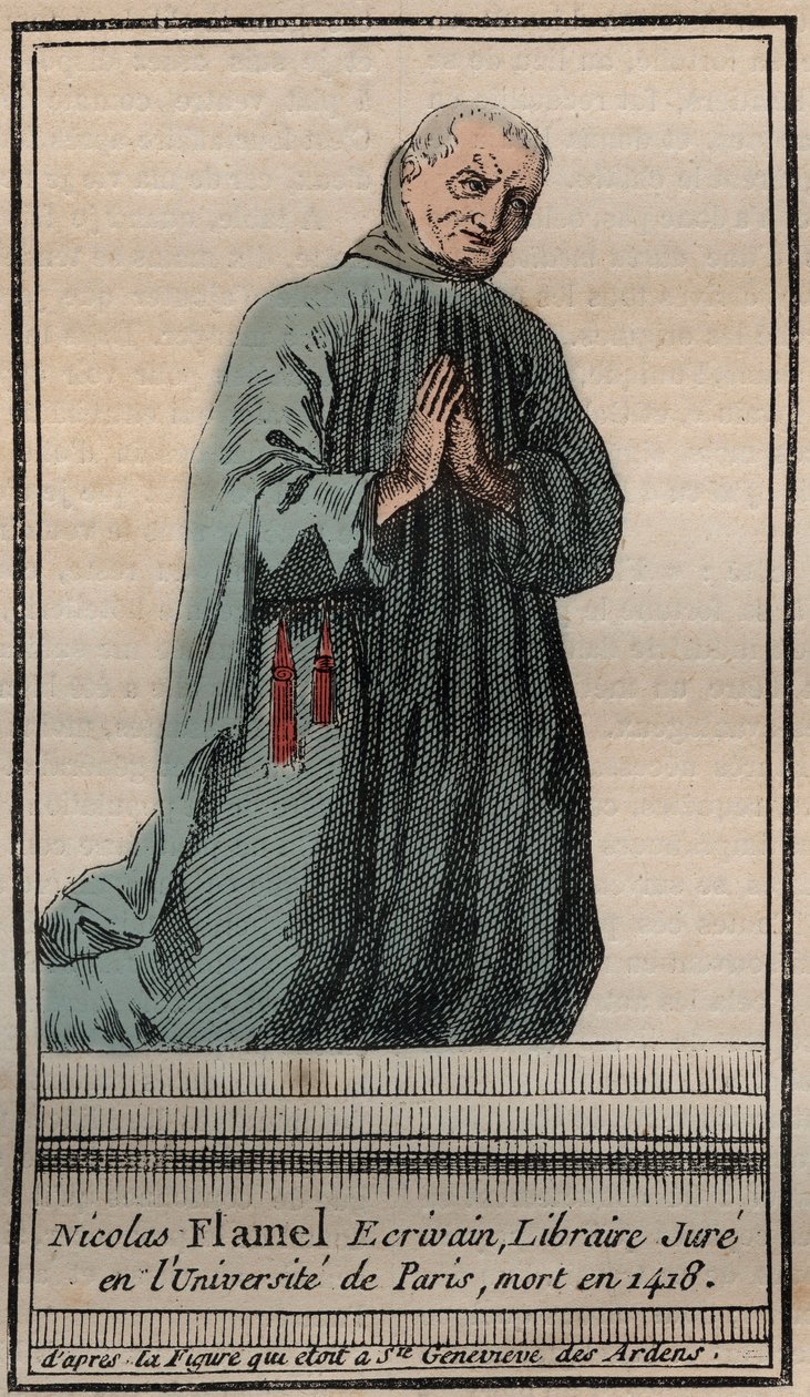 Porträt des französischen Alchemisten Nicolas Flamel (1330-1418) - Gravur - Porträt des englischen Alchemisten Nicolas Flamel - Gravur Privatsammlung von Unknown artist
