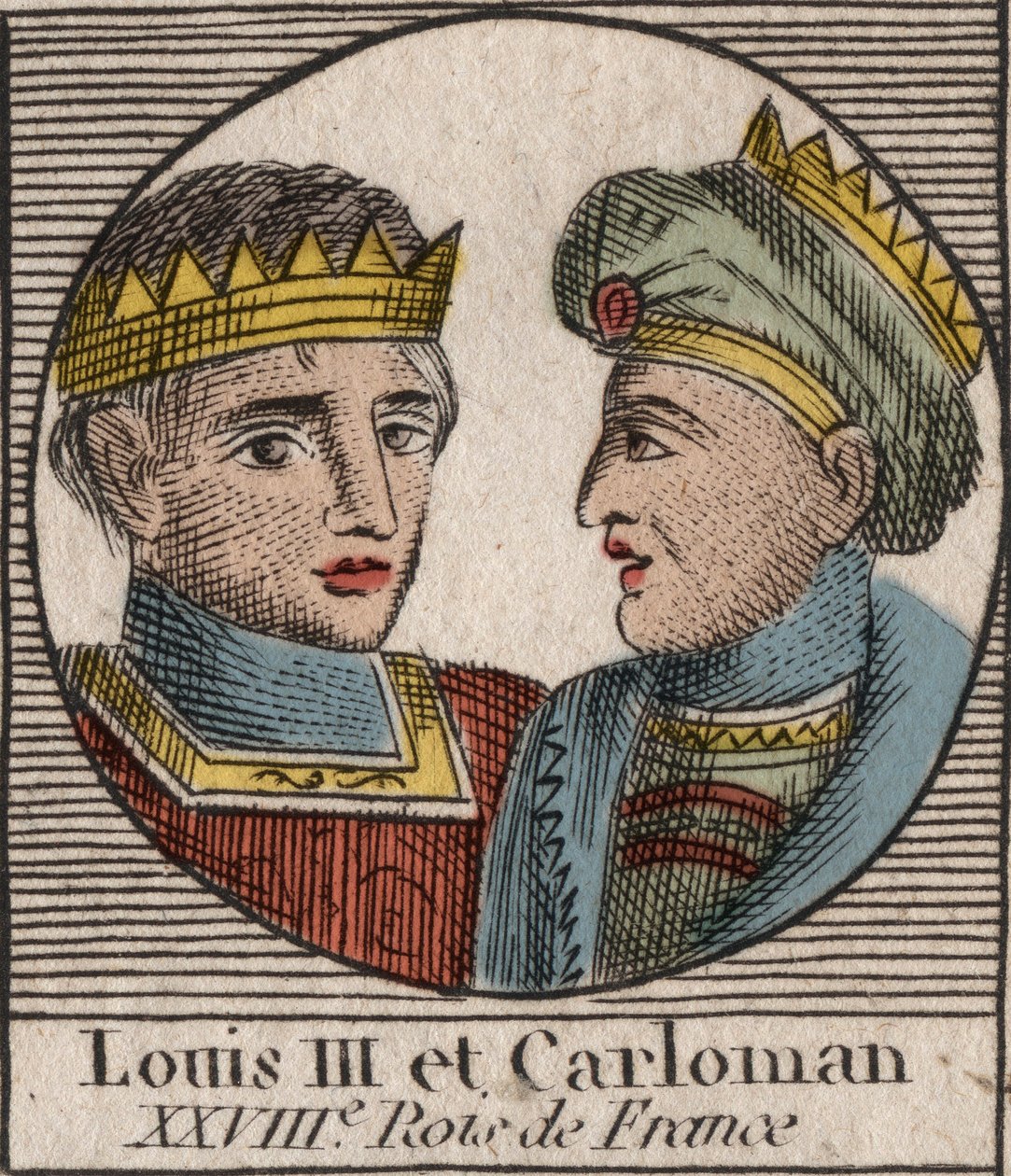 Porträts von Ludwig III. (863/65-882), König der Franken zwischen 879 und 882, und Karlmann II. (866-884), König der Franken von 879 bis 884 - Gravur aus „Anleitung zur Geschichte Frankreichs“ von Charles Constant Le Tellier 1821 von Unknown artist