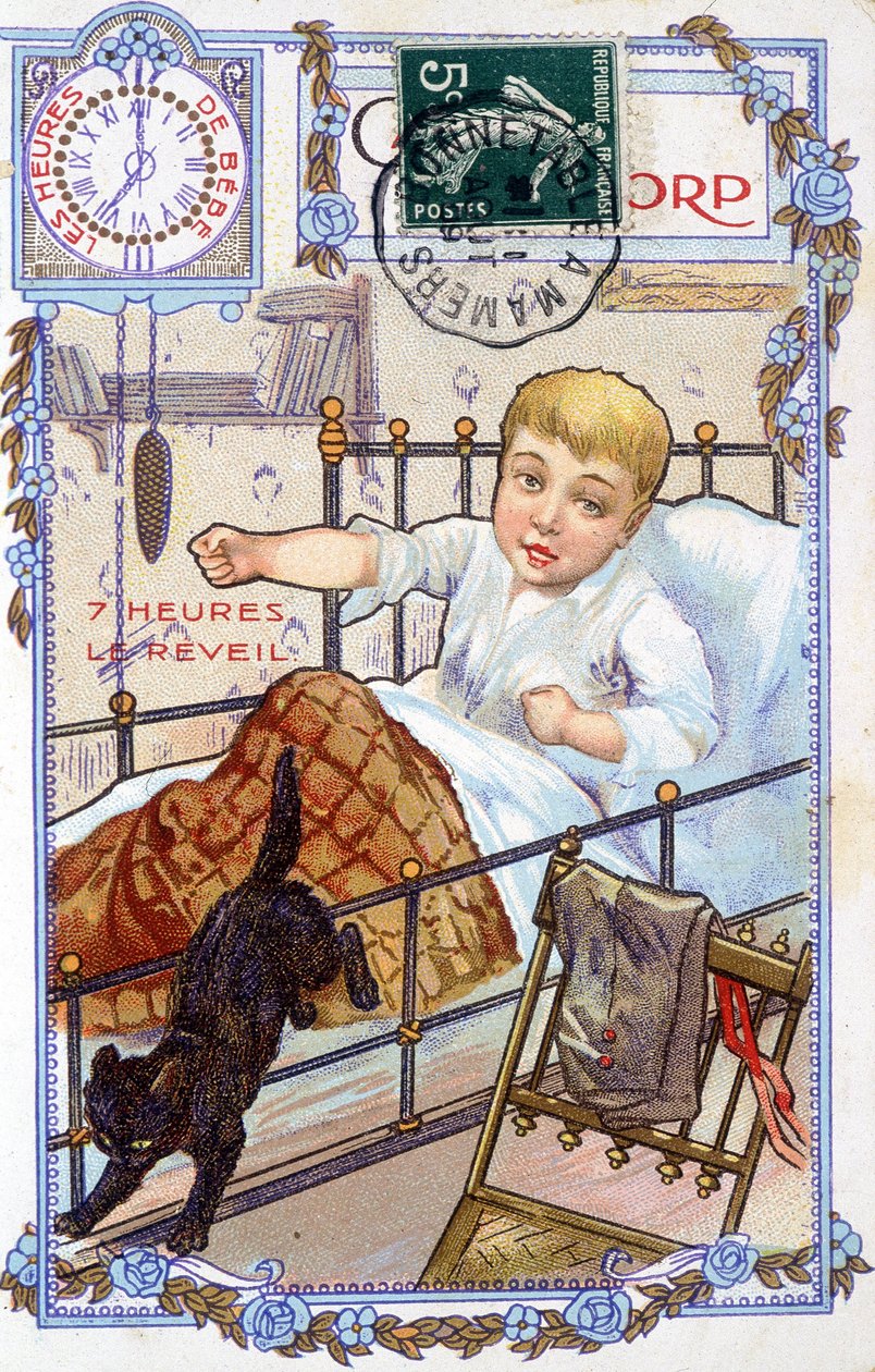 Postkarte zeigt den Tagesablauf eines Kindes. Um 7 Uhr wacht das Kind auf. von Unknown artist